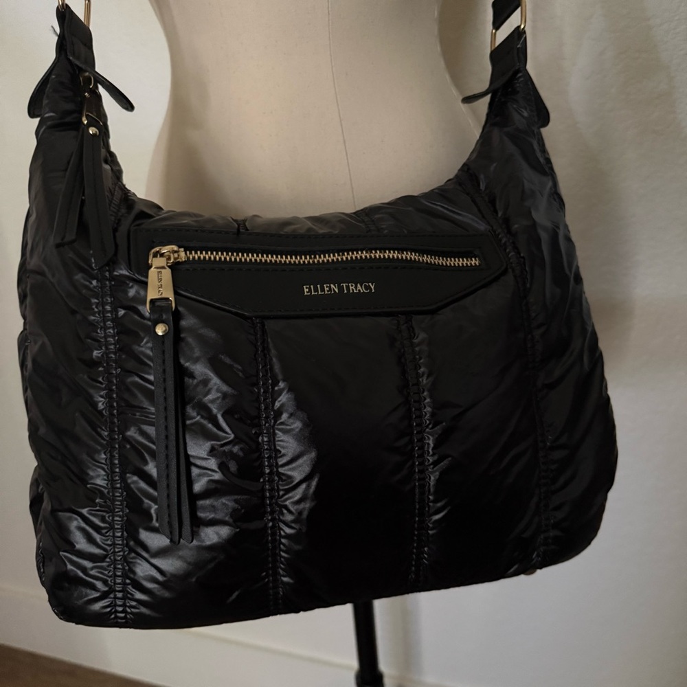 ELLEN TRACY The Teagan Black Puffer Quilted Nylon Hobo Crossbody Bag